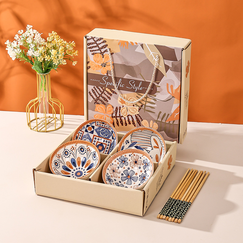 caja de regalo naranja con 4 tazones