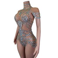 Combinaison Sexy Transparente en Strass pour Femme, Tenue de Scène Exotique, Justaucorps de Danse Stripper, Festival et Soirée Club