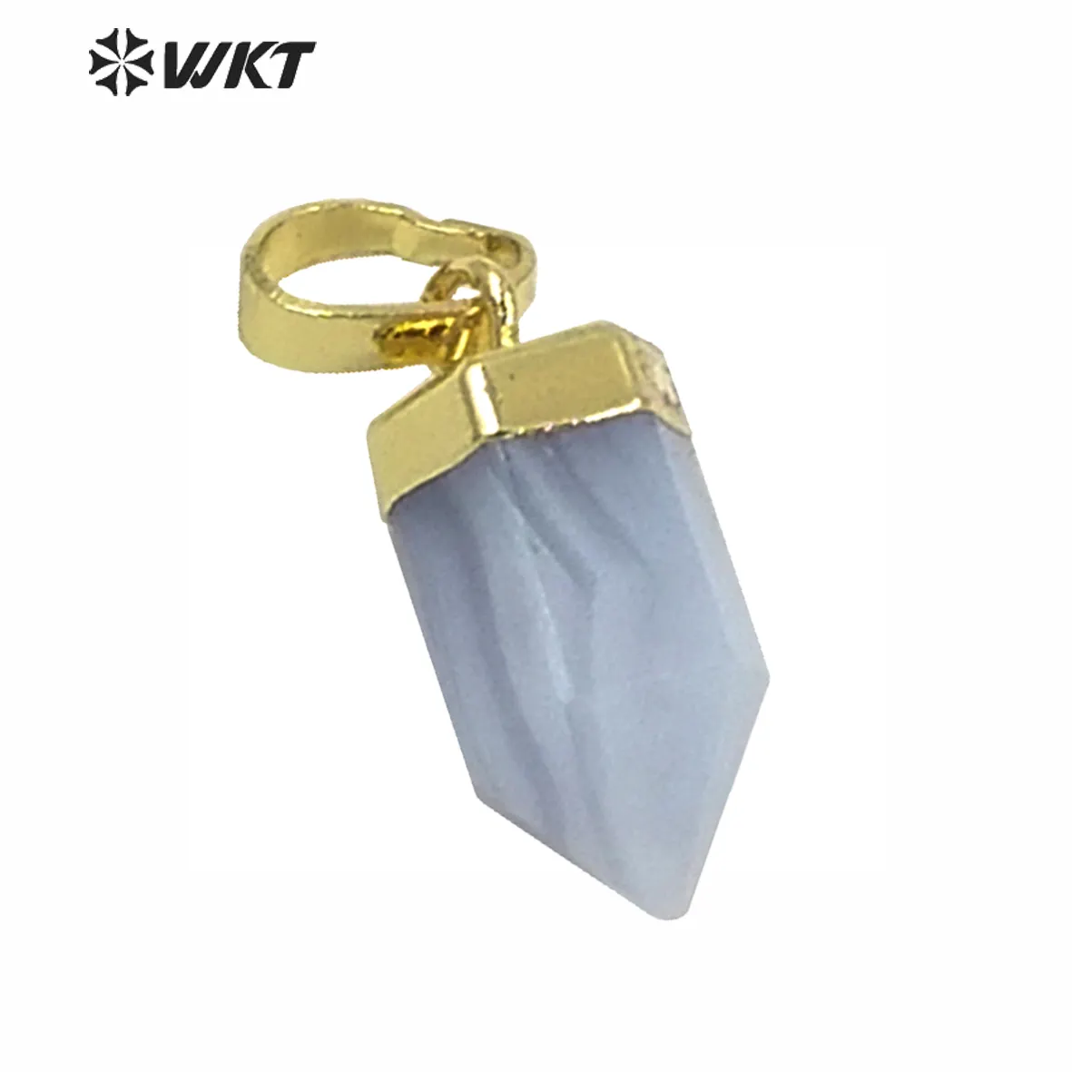 WT-P1334 WKT Wholesale Bullet Shape Tiny ExquiSite Blue Agate 24k Real Gold Silver Plated Natural Stone pendant