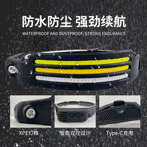 Headlamp Cob Led Rechargeable Battery Plastic Body Outdoor <b>Camping</b> <b>Hiking</b> Fishing Light With Gesture Sensor USB Charging - Product Image 4