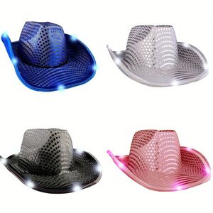 Sombrero de Vaquero Occidental con Luces LED, Sombrero de EVA con Batería para Fiestas, con Luces Brillantes Plateadas y Rosas, Sombrero de Disfraz Luminoso - Product Image 1