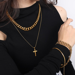 Vintage Unisex Stainless Steel Cross Pendant <b>Necklace</b> 18K Gold Electroplated For <b>Couples</b> Gift - Product Image 3