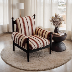 Fauteuil rétro Wabi Sabi français en bois massif avec dossier haut et revêtement en coton et lin pour salon - Product Image 5