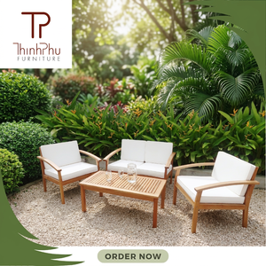 Contemporary Outdoor <b>Wood</b> <b>Sofa</b> Set with White Cushions for Garden Patio Furniture - Product Image 2