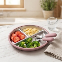 Ensemble de vaisselle pour bébé WellBest sans BPA en silicone avec design de dessin animé, base à ventouse, assiette et bol compartimentés pour enfants