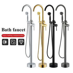 ชุดก๊อกน้ำอ่างอาบน้ำแบบตั้งพื้น 2 ฟังก์ชัน ตัวก๊อกทองเหลือง - ช่องน้ำออกหมุนได้ ติดตั้งมุม แบบยุโรป พร้อมฝักบัวแบบโทรศัพท์ - Product Image 1