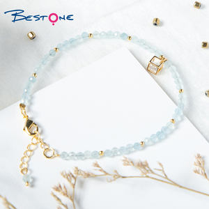 Wholesale Hot Sale Jewelry Making Custom Gold Plated Charm Natural Stone Beads Aquamarine <b>Bracelet</b> for Women - Product Image 4
