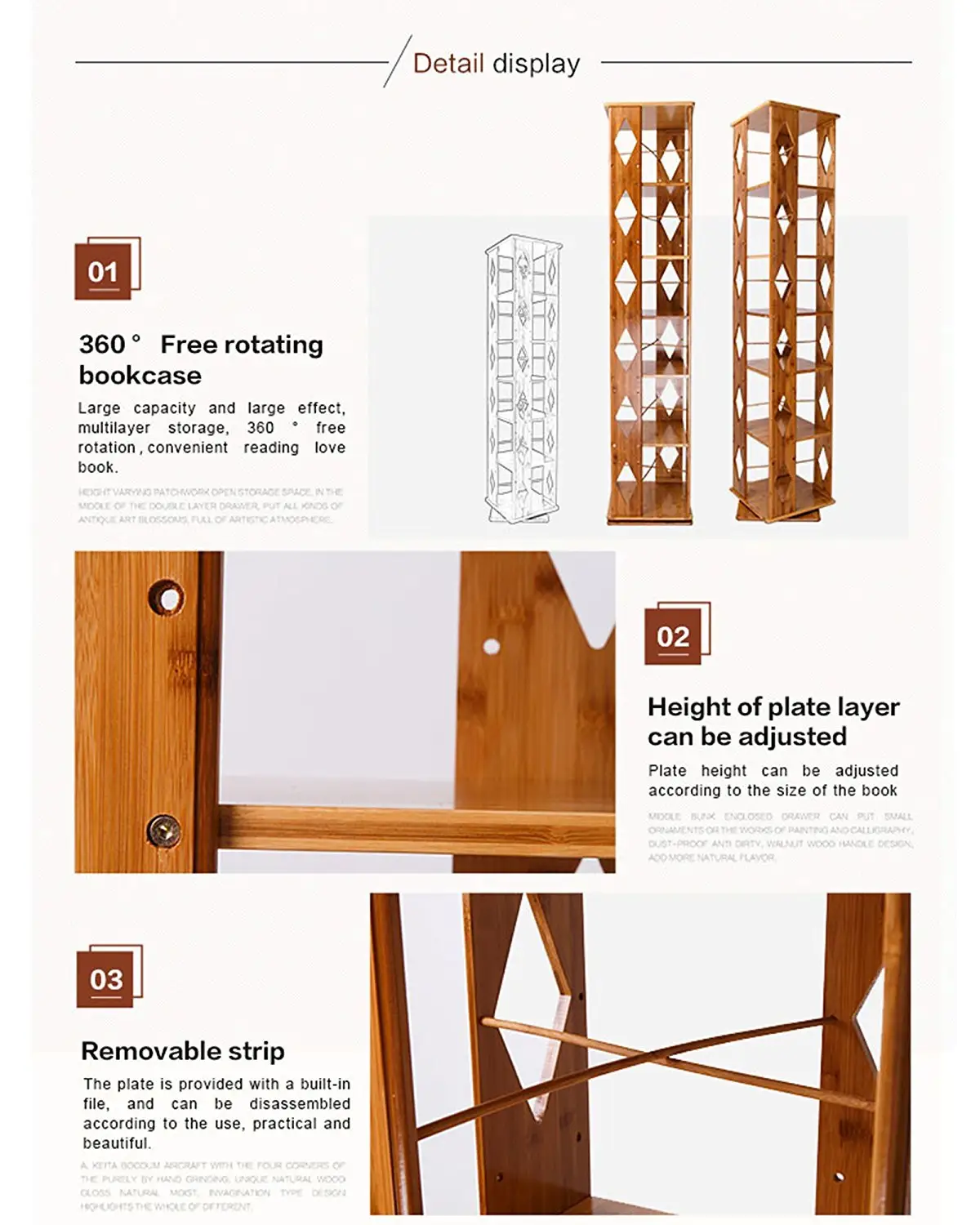 Modern style 5 tier revolving book shelf bamboo ladder bookcase