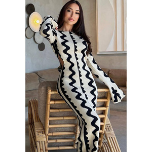 Autumn Party Flared Long Sleeve Skinny Sexy Hollow Out Wave Jacquard Knit <strong>Maxi</strong> <strong>Dress</strong> Women's Sweater - Product Image 1
