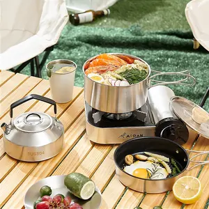 Grosir Set peralatan masak Kemah Stainless Steel portabel, peralatan piknik Hiking luar ruangan, panci masak mudah dibawa