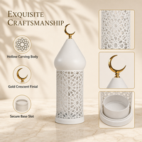 Lanterne de Ramadan en métal blanc, dôme de mosquée, porte-bougie creux, lune croissante dorée, décoration de table