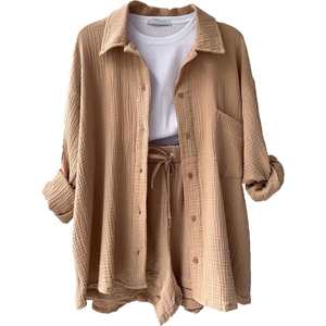 I-0553 Giacca da Fabbrica Nuova Collezione <span class=keywords><strong>Primavera</strong></span> Autunno Abbigliamento Donna Camicia a Maniche Lunghe con Colletto a Volant e Pantaloncini Casual Completo Due Pezzi da Donna - Product Image 1