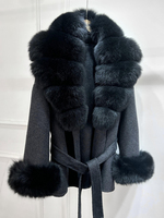 JANVENY 2025 Nouvelle veste courte en laine et cachemire pour femme, avec ceinture et poches, mélange de laine, poignets en fourrure de renard véritable naturelle
