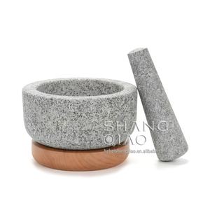 Pabrik grosir peralatan dapur mangkuk batu abu-abu alami padat granit Mortar dan alu dengan dasar kayu - Product Image 2