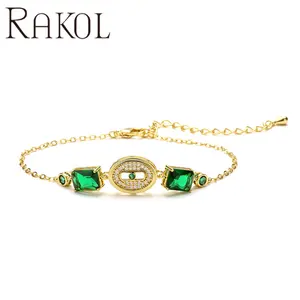 Rakol BP6003 Popular botón redondo pulseras ajustables lujo Esmeralda 18K oro moda pulsera joyería para mujer