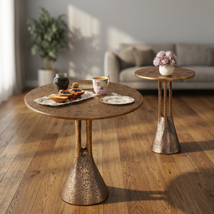 Aesthetic Choice <b>Round</b> Coffee <b>Table</b> With <b>Gold</b> Textured Base And Antique Finish For Living Room Furniture - Product Image 5