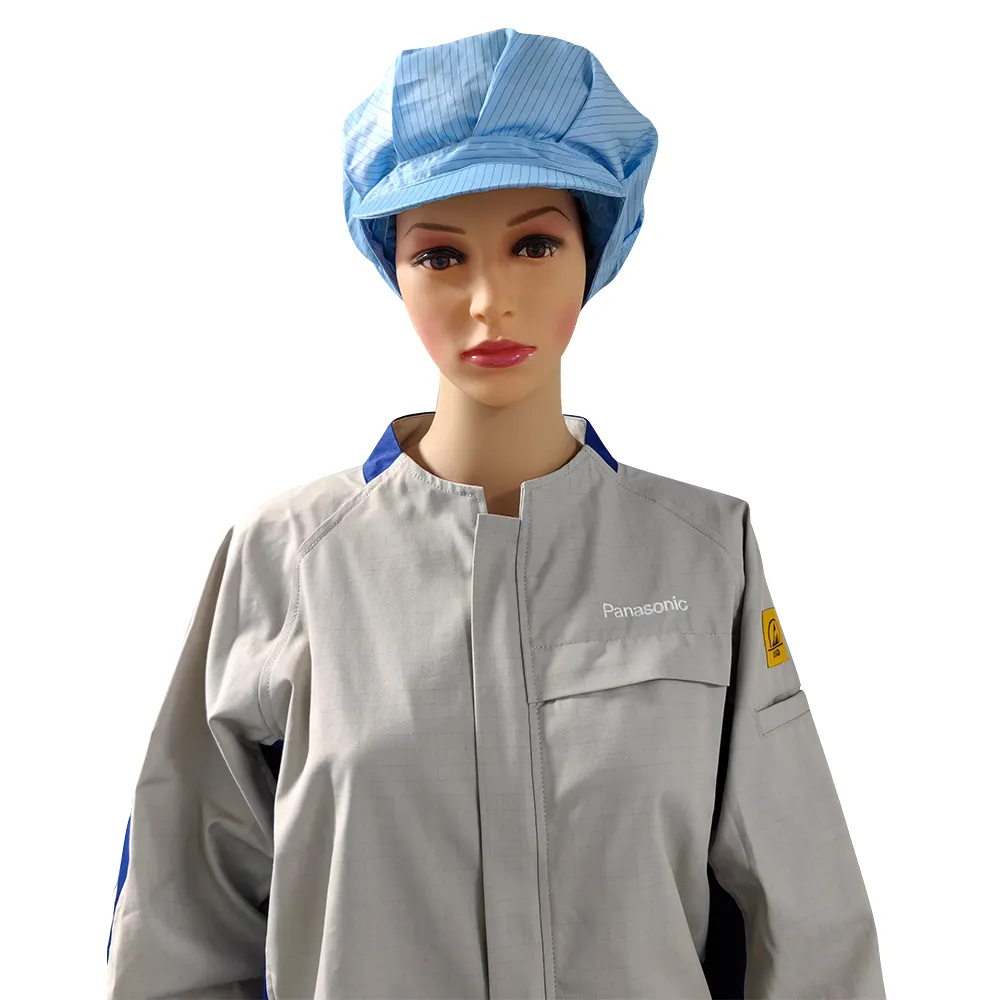 Divise ESD personalizzate con filato a griglia colletto alla coreana cappotto da laboratorio abbinato al colore per EPA