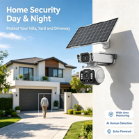 Caméra solaire 4G OEM ODM à double objectif Wi-Fi extérieure de sécurité panoramique/inclinaison Cloud 4MP avec audio bidirectionnel, vision nocturne, détection de mouvement humain et garantie 1 an