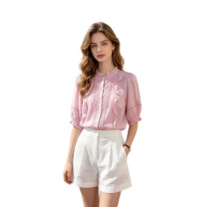 Chemisier Vintage Femme en Ramie et Dentelle, Style Français Doux, Col Montant, Manches Volantées avec Bordure à Volants, Haut Élégant et Jeune pour l'Été - Product Image 5
