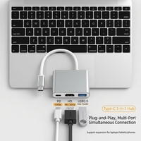 Adaptador USB C 3 en 1 al por mayor con cable, HDMI 4K, USB 3.0 y carga rápida PD de 100W, convertidor multipuerto de aluminio tipo C para laptop
