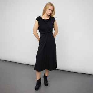 Robe <span class=keywords><strong>tunique</strong></span> noire drapée à manches courtes, extensible, sans manches, col bateau, torsadée devant, froncée, longueur midi, style débardeur - Product Image 1