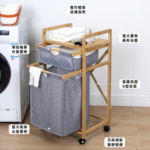 Laundry Basket Canvas <b>Storage</b> <b>Cart</b> With Wheels Grey Rectangle Standing Type Clothing Organizer - Product Image 1