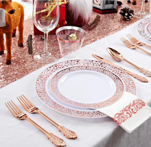 Elegante Juego <span class=keywords><strong>de</strong></span> Vajilla Desechable <span class=keywords><strong>de</strong></span> <span class=keywords><strong>Plástico</strong></span> <span class=keywords><strong>Duro</strong></span> Compostable y Libre <span class=keywords><strong>de</strong></span> BPA, Color Oro Rosa, para Fiestas <span class=keywords><strong>de</strong></span> Cumpleaños y Bodas - Product Image 1