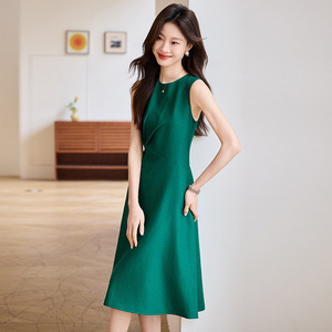 Black Sleeveless Dress O-Neck Mid Length Solid Color Polyester Women Spring Autumn 2025 Simple Style Natural Waistline - Product Image 2