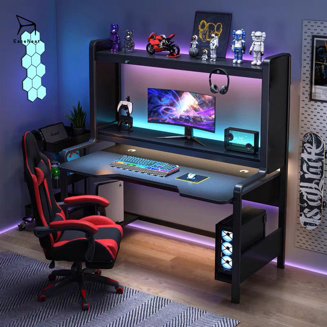 Manufacturer Modern Black Double-layer Standing Metal Frame Gaming Table with LED Lights