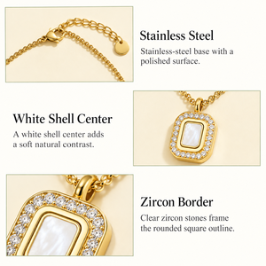 Collier carré en coquille blanche, acier inoxydable, zircon, plaqué or 14 carats, chaîne 40 + 5 cm, 1,3 x 1 cm, 6,8 g - Product Image 5