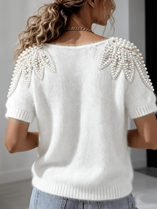 Haut en tricot <span class=keywords><strong>blanc</strong></span> duveteux pour femme avec appliques de feuilles de perles, <span class=keywords><strong>col</strong></span> <span class=keywords><strong>bateau</strong></span>, manches courtes, élégante chemise <span class=keywords><strong>pull</strong></span> - Product Image 2