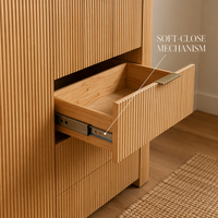 Commode à cinq tiroirs cannelée Disen, avec façade verticale à lattes, haute, pour chambre et salon, en bois de chêne naturel, multi-usages