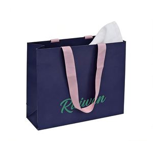 Custom OEM Free Design Handmade Pink Ribbon Handle Coated Dark Blue Kraft Packaging Paper <b>Bag</b> <b>for</b> Gift Packaging - Product Image 1