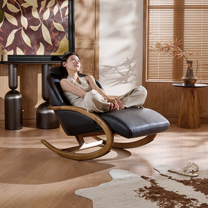 Fauteuil à bascule moderne en bois massif et cuir véritable, design inclinable, pour salon, chambre à coucher, chaise de détente - Product Image 4