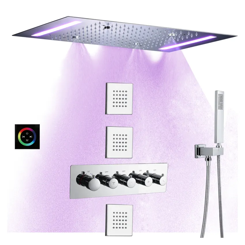 Thermostatic Rain Shower System Set 14 X 20 Inch Large Stainless Steel Bathroom Mist Rainfall Shower Head With LED Panel