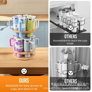 Bamboo <b>Rotating</b> Water Cup Holder Double Layer Insulated Tumbler Storage Rack <b>Desk</b> Organizer For Office Use - Product Image 5