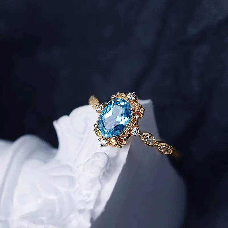 Sang Trọng Sáng Bóng Mạ Vàng 925 Sterling Silver Zircon Aquamarine Đính Hôn Finger Nhẫn Đối Với Phụ Nữ Jewelry