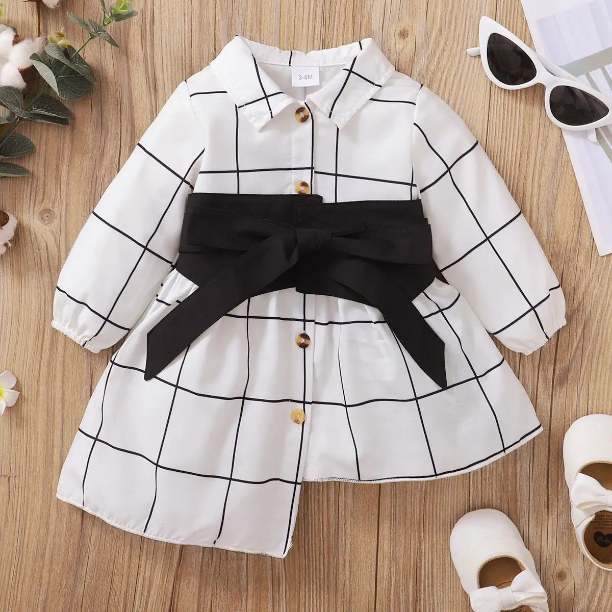 2021 Long Sleeved Baby Infant Girl White Black Asymmetrical Plaid Shirt Dress 0-2 Years