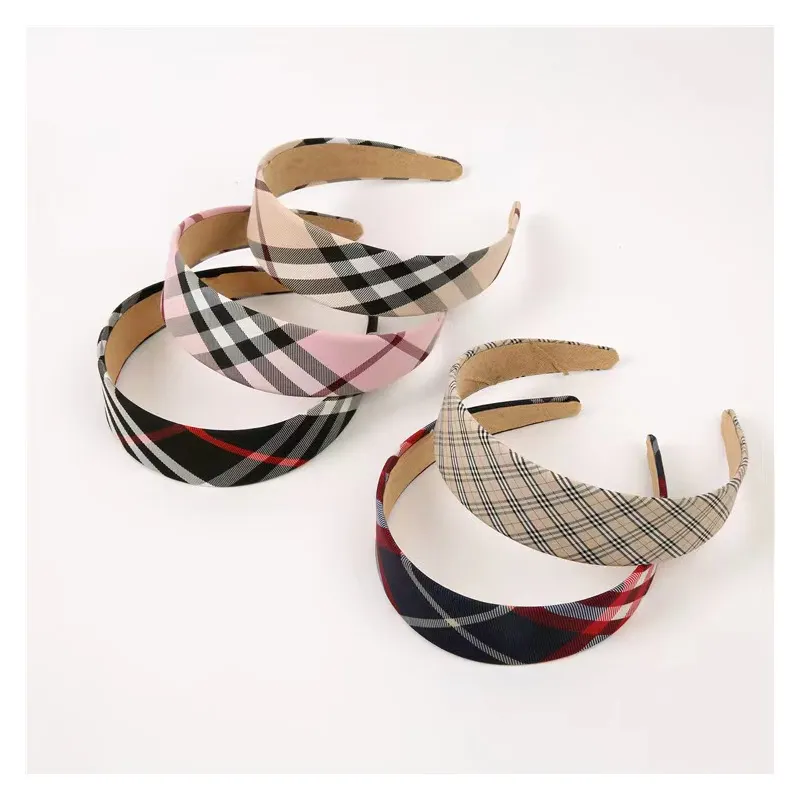 High Quality Korean Retro Academy Style 4cm Headband Wild Plaid Sponge Headband Fashion Hair Band For Women