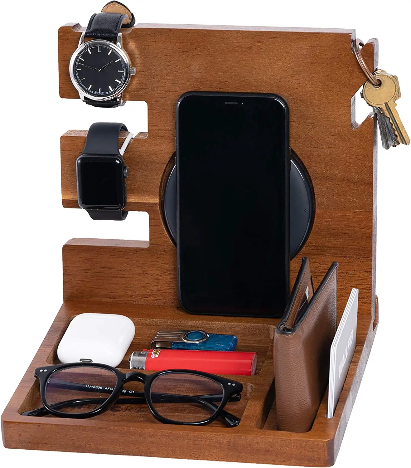 رصيف هاتف خشبي رمادي سلسلة مفاتيح محفظة حامل ساعة منظم