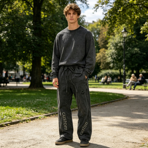 Pantalones de chándal de algodón French Terry OEM ODM, estilo streetwear con empalmes, pierna ancha, lavado ácido personalizado, fabricante - Product Image 1