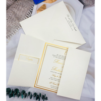 Carte de vœux de luxe personnalisée OEM, modèle RP, en papier rigide, impression numérique, rose, gaufrage doré, acrylique, double pliage, pour mariage