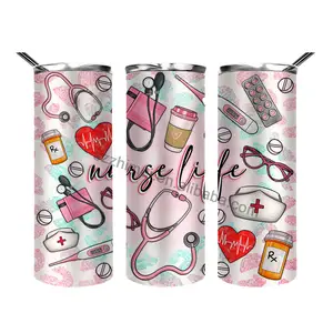 Nurse life 20 oz skinny tumbler custom sublimation 20oz Stainless Steel coffee tumblers gifts nurses cups with straw and lid