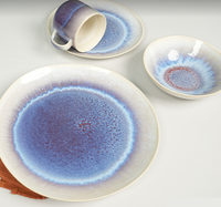 Service de table en grès réactif 16 pièces, dégradé bleu-violet, vaisselle en céramique, compatible micro-ondes, durable et réutilisable