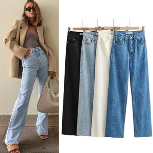 <span class=keywords><strong>Pantalones</strong></span> vaqueros de pierna recta holgados multifuncionales de otoño para mujer, <span class=keywords><strong>pantalones</strong></span> largos sólidos de mezclilla de piernas anchas con bordes <span class=keywords><strong>rotos</strong></span> ajustados de cintura alta - Product Image 3