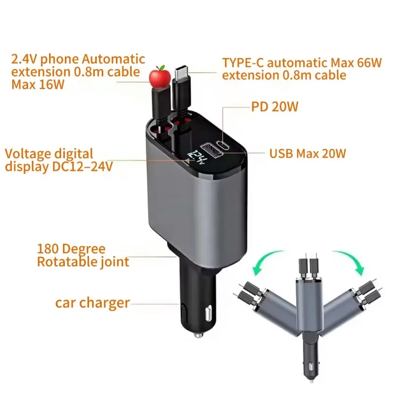 100W Smart car charger LED Display digitale PD USB con 4 in 1 super veloce welpois retrattile di ricarica del telefono