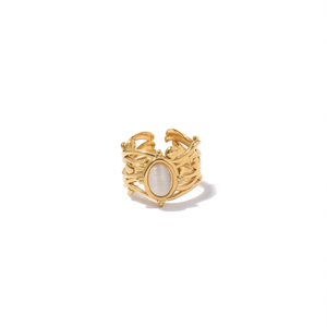 Fashion <b>Ring</b> 316L Stainless Steel PVD Gold Plating Oval Stone <b>Adjustable</b> Band For Women - Product Image 2
