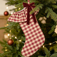 Chaussette de Noël en velours polyester à carreaux teints, style nordique transfrontalier, inspirée d'Instagram, avec nœud décoratif pour Noël