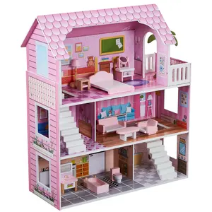 Handmade Wooden Life Size Cute Room 3D House Cardboard Wooden Doll House Large Toy Furniture Wholesale For Kids