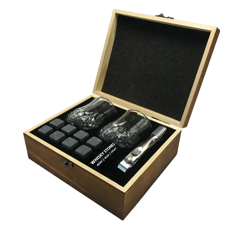 Manufacturer Whiskey Stones Gift Set  2 Crystal Glasses  8 Chilling Rocks  Ice Tongs  Velvet Bag in Elegant Wooden Box